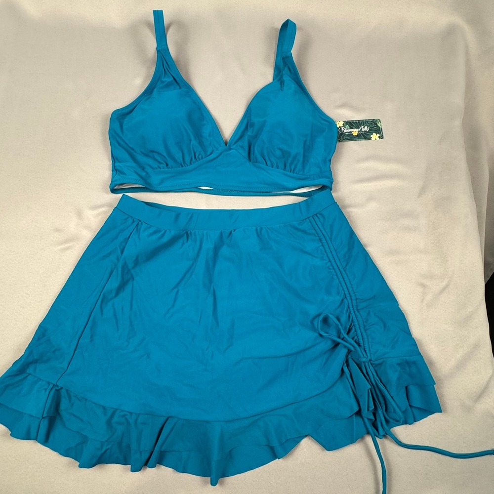 Blooming Jelly Teal Blue Bikini Set with Ruched Ruffle Swim Skirt Size L New - Picture 4 of 9
